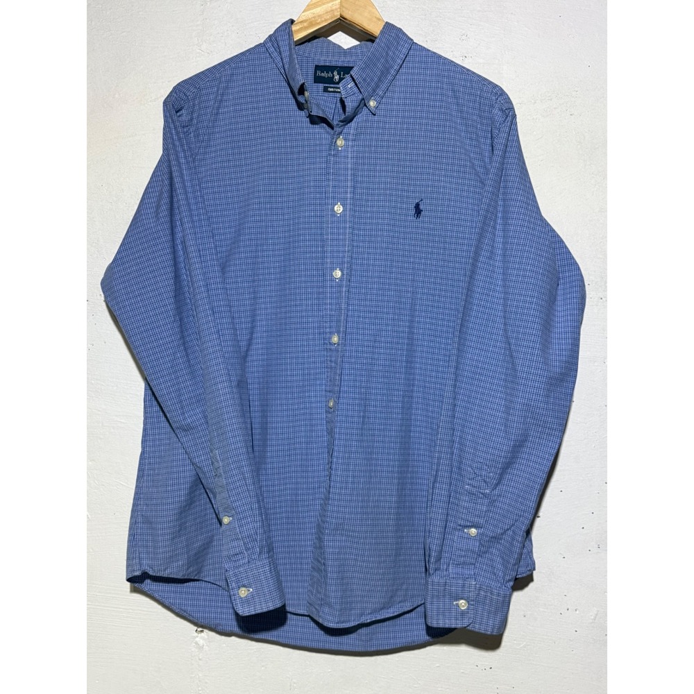 Ralph Lauren Mens Custom Fit Button Down Shirt L Blue Micro Check Cotton Preppy